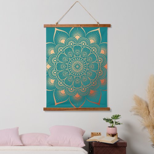 Boho Turquoise Peach Mandala Wood Topped Hanging Tapestry