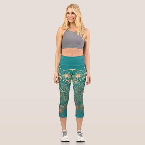 Boho Turquoise Peach Mandala Yoga Pants Leggings