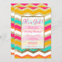 Boho turquoise pink gold chevron girl baby shower invitation