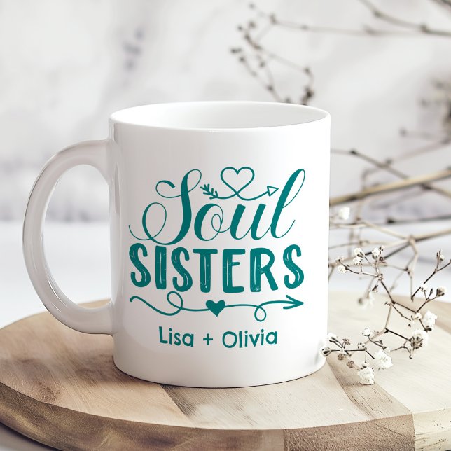 Boho Turquoise Soul Sisters Script Custom Name  Coffee Mug (Boho Turquoise Soul Sisters Script Custom Name Coffee Mug on a sunny boho wooden kitchen table.)