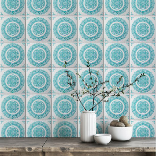 Boho Turquoise teal blue Mandala flower Ceramic Tile