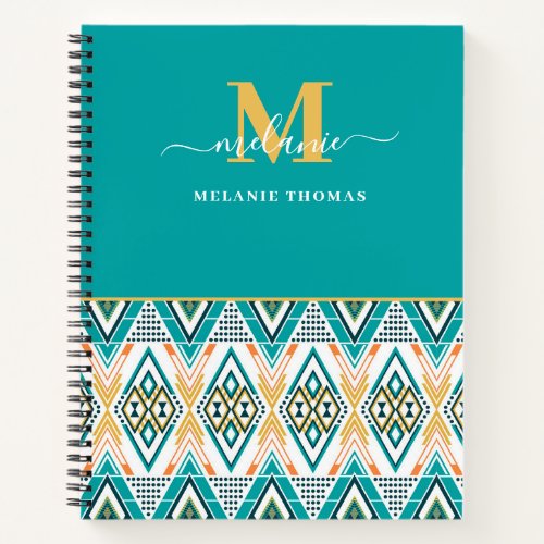 Boho Turquoise Tribal Diamond Monogram Notebook