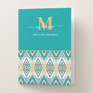 Boho Turquoise Tribal Diamond Monogram Pocket Folder