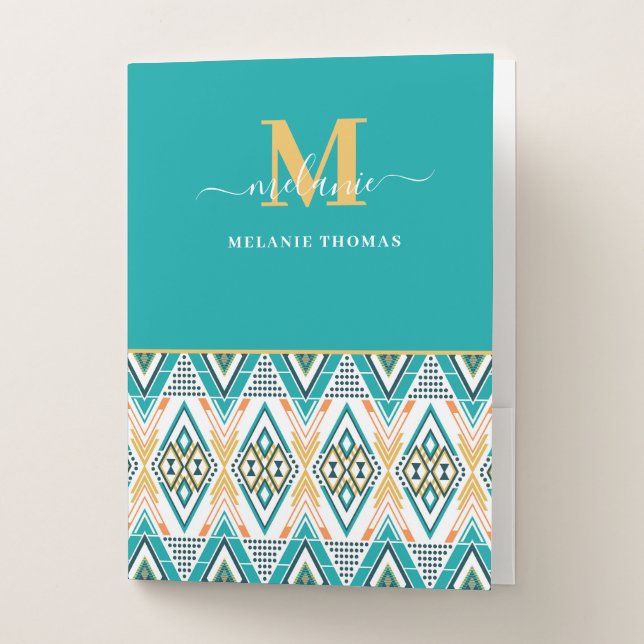 Boho Turquoise Tribal Diamond Monogram Pocket Folder (Front)