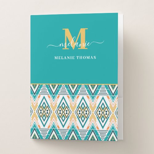 Boho Turquoise Tribal Diamond Monogram Pocket Folder