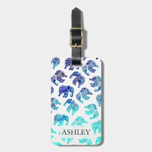 Boho turquoise  watercolor elephants monogram luggage tag