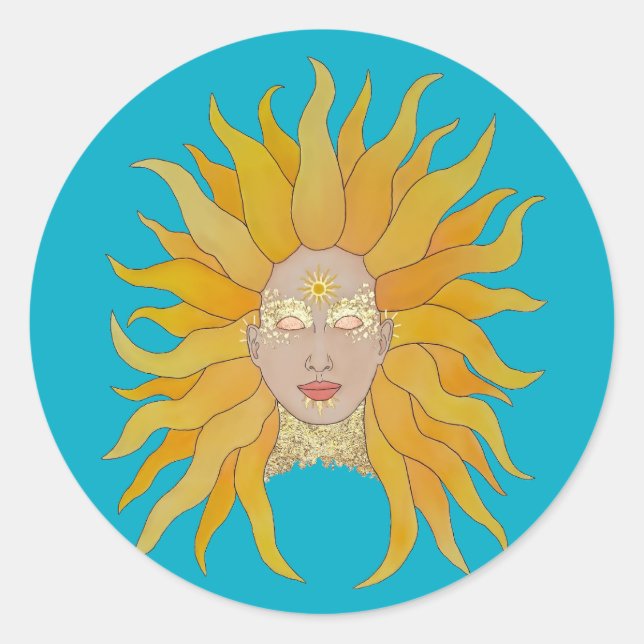 Boho turquoise yellow gold sun inspired  classic round sticker (Front)