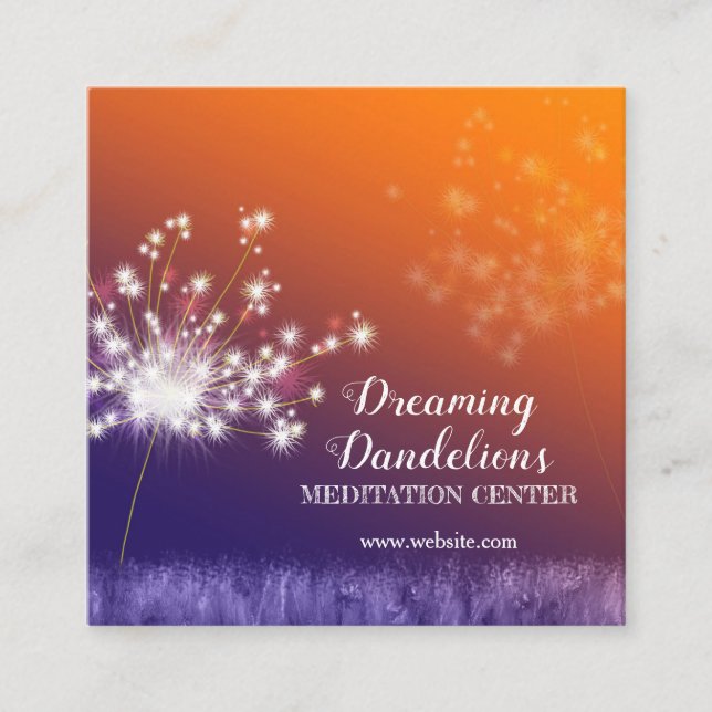 Boho Twilight Dandelions Meditation Center Square Business Card (Front)