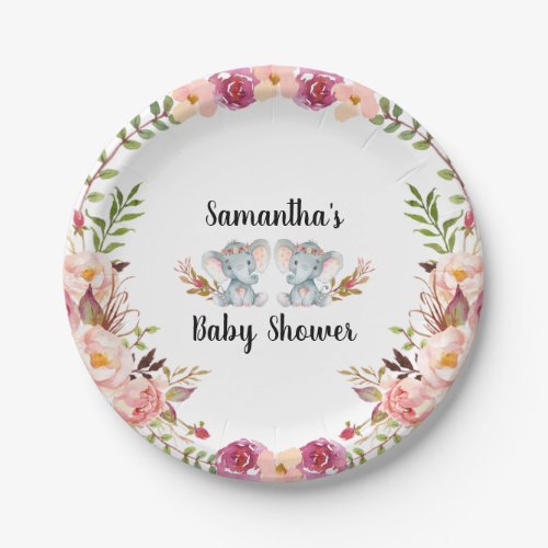 Boho Twin Elephant Baby Shower Paper Plate