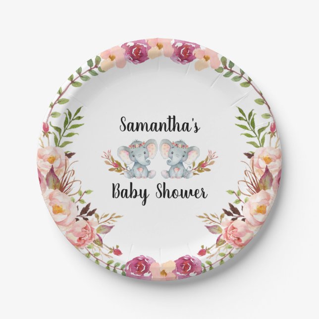 Boho Twin Elephant Baby Shower Paper Plate (Front)