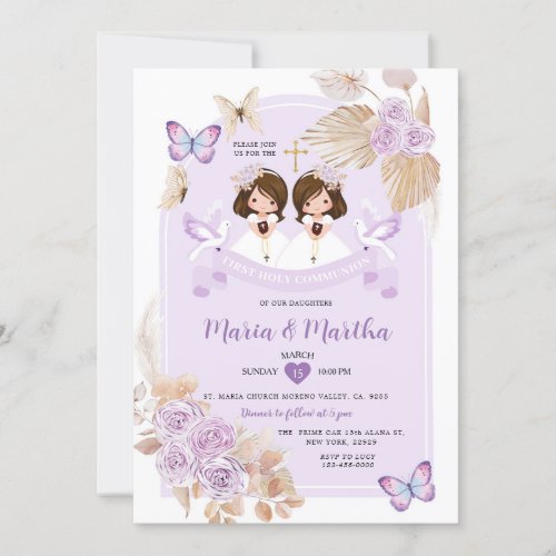 Boho TWIN Girl First Holy Communion Purple Flowers Invitation