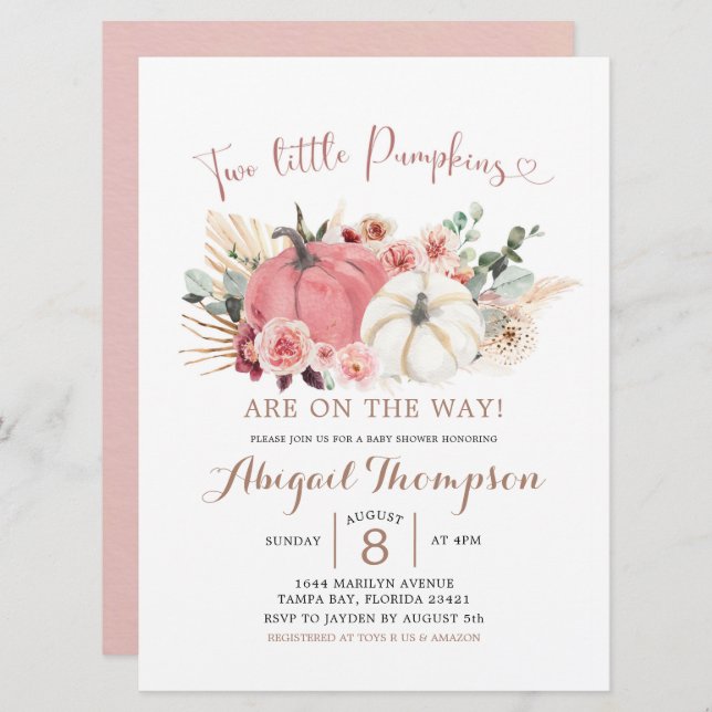 Boho Twin Pink and White Pumpkin Baby Shower Invitation (Front/Back)