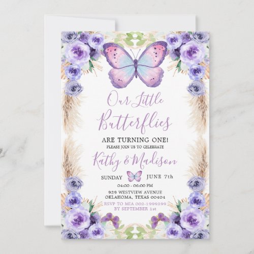 Boho Twin Purple Butterfly First Birthday Floral Invitation