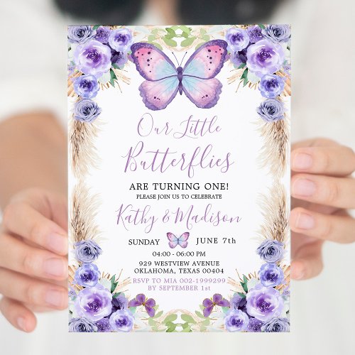 Boho Twin Purple Butterfly First Birthday Floral Invitation