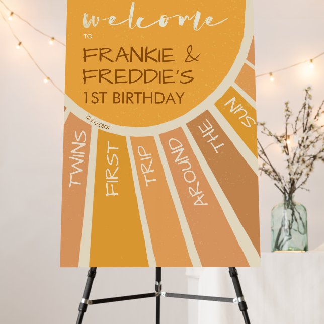 Boho Twins First Trip Around Sun 1st Welcome Sign (In Situ (Stand))