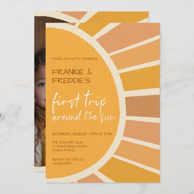 Boho Twins First Trip Around Sun Photo 1 Birthday Invitation (Front/Back)