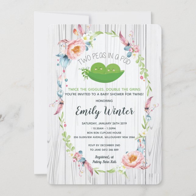 Boho Two Peas in a Pod Twins Baby Shower Invitation (Front)