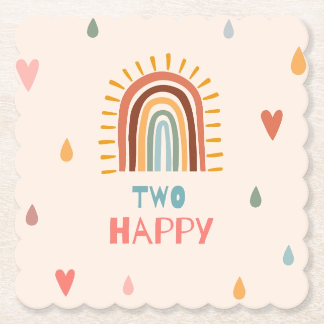 Boho Two Second Birthday Rainbow  Paper Coaster (Front)