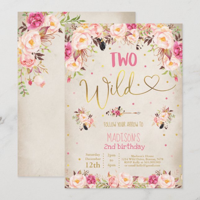 Boho Two Wild Birthday Invitation Watercolor Boho (Front/Back)