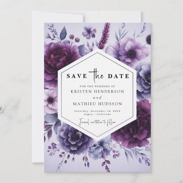  Boho Typography Purple Floral Wedding Save The Date (Front)