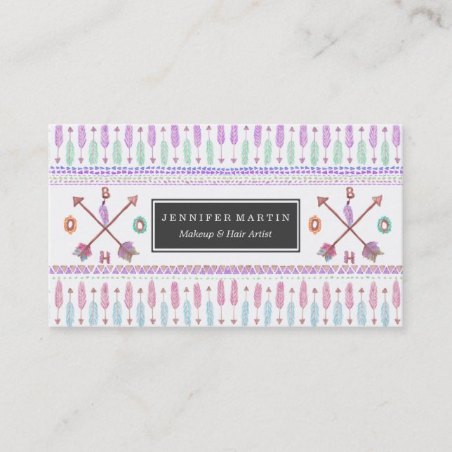 Boho Typogrpahy Tribal Aztec Feather Arrow Pattern Business Card (Front)