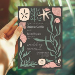 Boho Under Sea Dark Nautical Wedding Invitation<br><div class="desc">Boho wedding ocean theme featuring sand dollars,  oyster shell,  seashells,  sea glass,  seaweed,  coral,  starfish,  and puka shells.  Illustration is tan,  sage green,  and pink over a dark background.</div>
