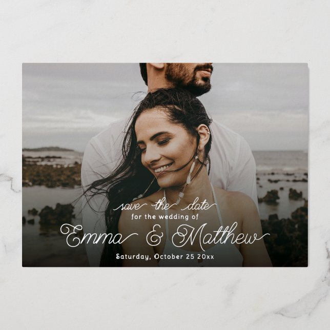 Boho Under the Sea Photo Curly Save the Date Foil Invitation (Front)