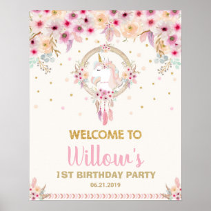 Boho Unicorn Birthday Party Welcome Floral Large Poster