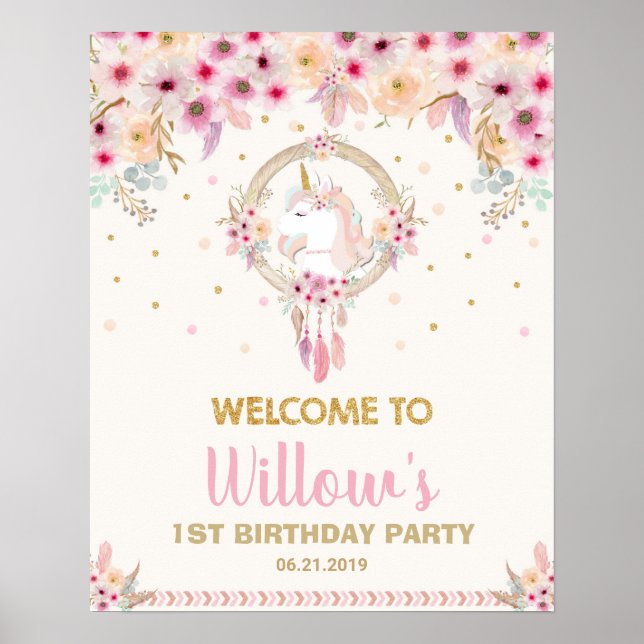 Boho Unicorn Birthday Party Welcome Floral Large Poster (Front)