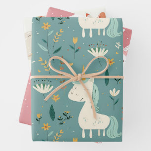 Boho unicorn design, muted pastel colors, nursery wrapping paper sheets
