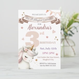 Boho Unicorn Magical Girl 3rd Birthday Invitation