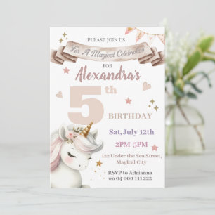 Boho Unicorn Magical Girl 5th Birthday Invitation