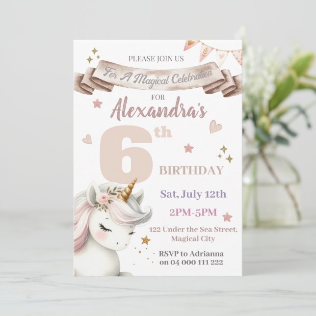 Boho Unicorn Magical Girl 6th Birthday Invitation (Standing Front)