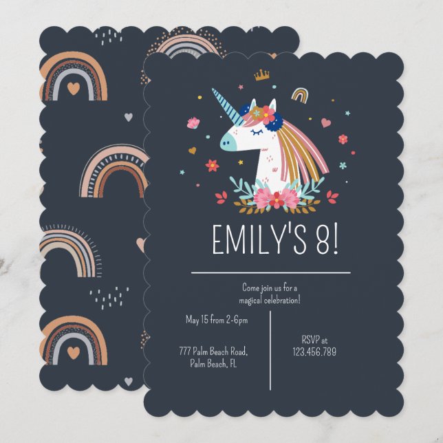 Boho Unicorn Modern Navy Girls Cute Birthday Invit Invitation (Front/Back)