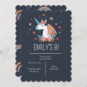 Boho Unicorn Modern Navy Girls Cute Birthday Invit Invitation