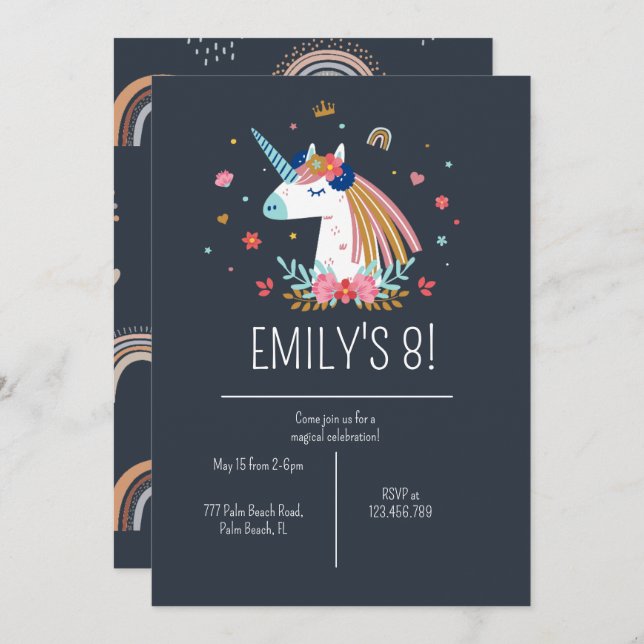 Boho Unicorn Modern Navy Girls Cute Birthday Invitation (Front/Back)