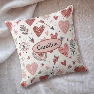 Boho Valentine Hearts and Arrows Pattern Throw Pillow