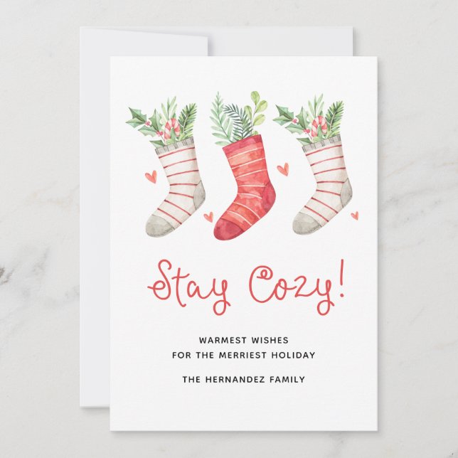 Boho Vibe Stay Cozy Christmas Card with Stockings (Front)