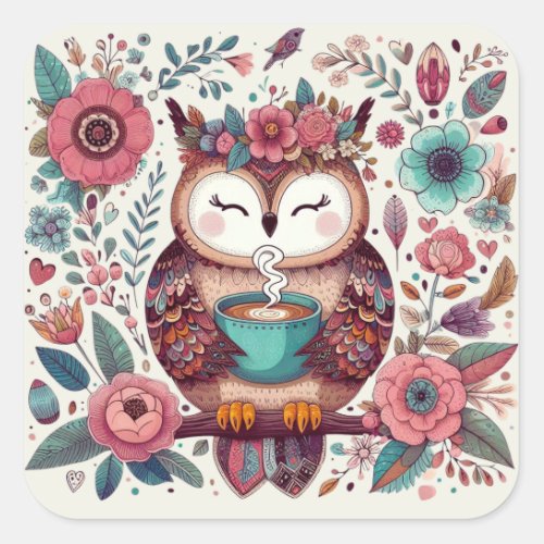 Boho Vibes Coffee and Owl Art Cottagecore Design Square Sticker