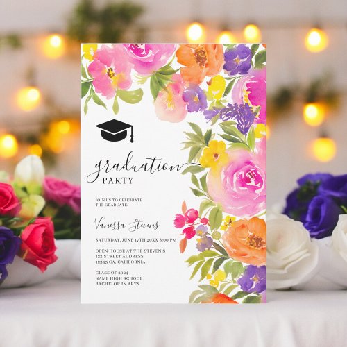 Boho vibrant garden watercolor flowers graduation invitation