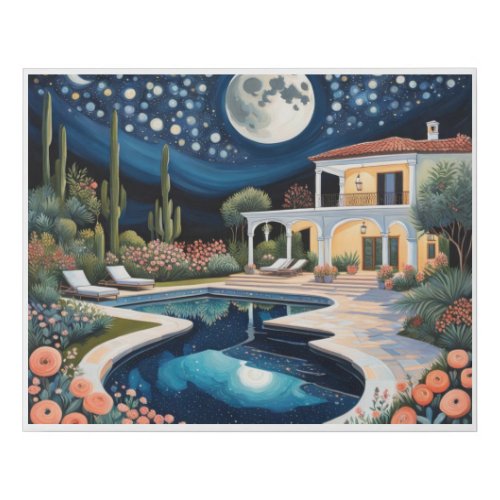 Boho Villa Cactus Pool Moon Night Stars Aesthetic Faux Canvas Print