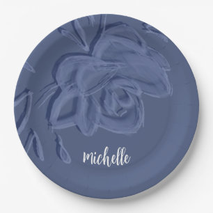 Boho Vintage Artistic Blue Flowers Paper Plates