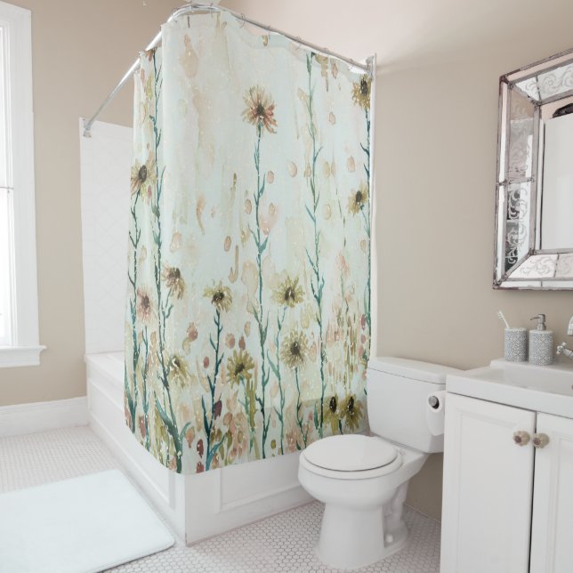 Boho Vintage Beige Wildflowers Shower Curtain (In Situ)