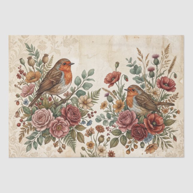 Boho Vintage Birds & Florals Tissue Paper (Front)
