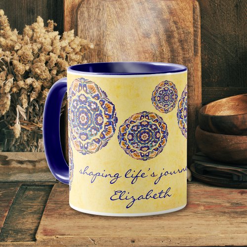 Boho Vintage Blue And Orange Floral Coffee Mug