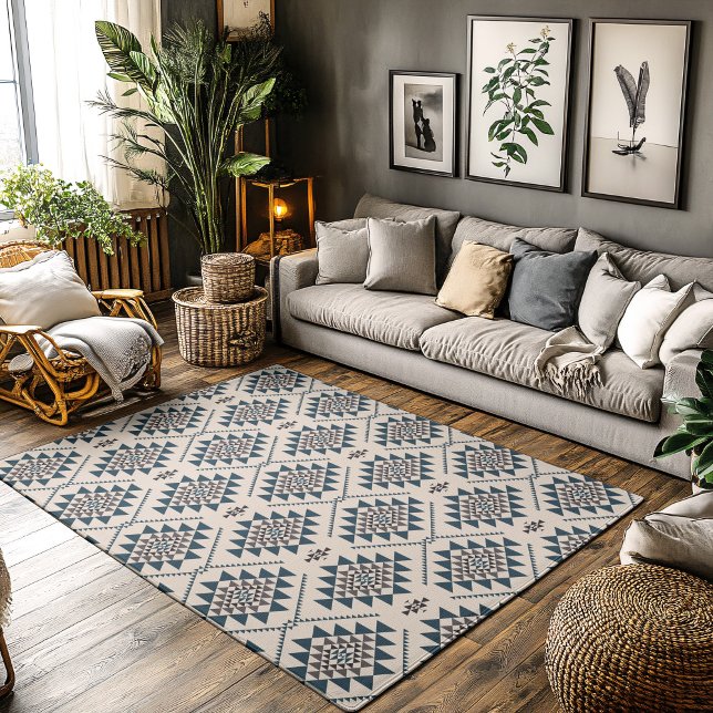 Boho Vintage Blue Tribal Geometric Pattern Rug (Boho Vintage Blue Tribal Geometric Pattern Rug in a grey and neutral boho living room.)