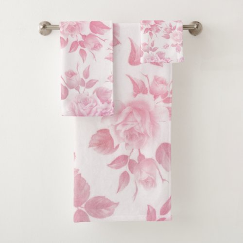 Boho vintage country chic white pink roses floral bath towel set