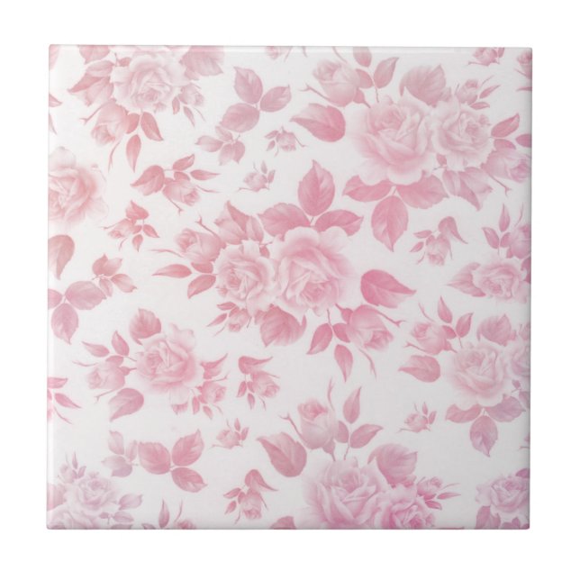  Boho vintage country chic white pink roses floral Ceramic Tile (Front)