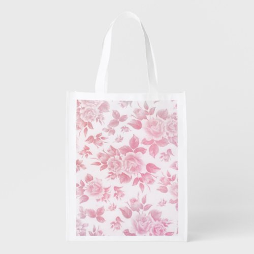 Boho vintage country chic white pink roses floral  grocery bag