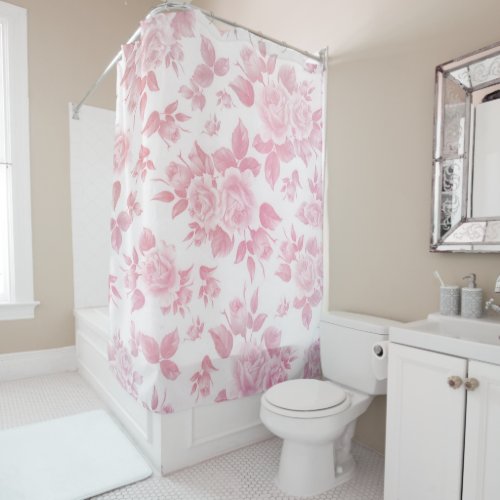 Boho vintage country chic white pink roses floral  shower curtain